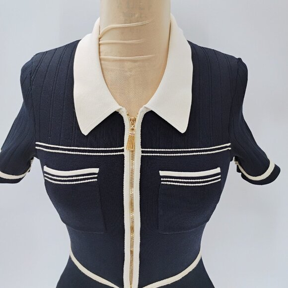 Sandro Two Tone Knit Dress Size 38 in Ecru/Marine - Picture 5 of 16